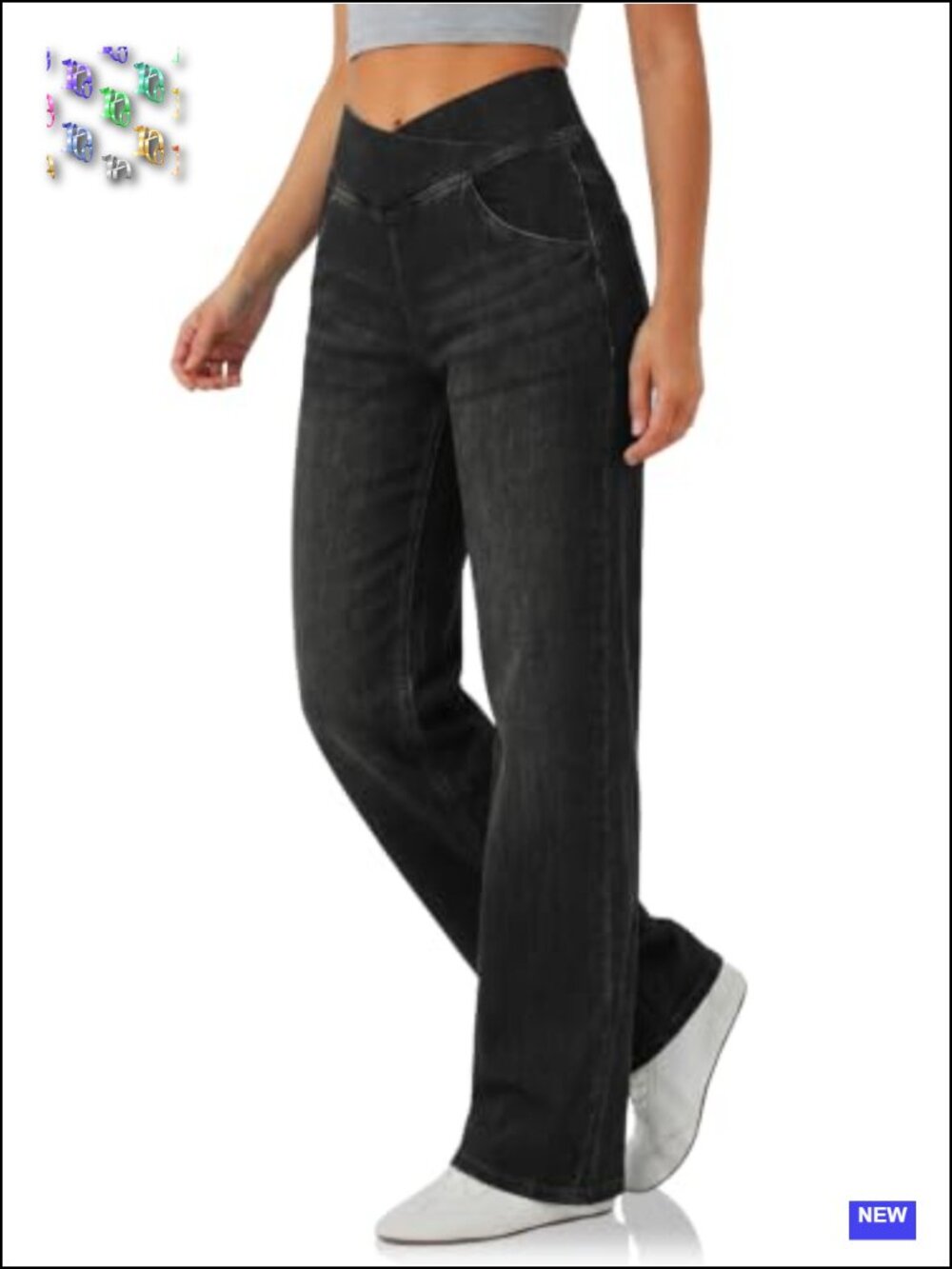 Wide Leg High Waist Pull On Jeans Stretchy Denim Crossover Pants Baggy Knit